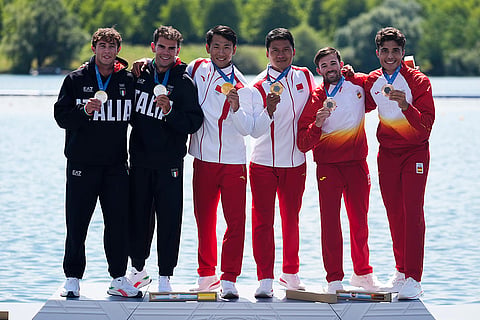 Paris Olympics men's canoe double 500-meter: Silver medalists Italy's Gabriele Casadei and Carlo Tacchini, from left, gold medalists China's Ji Bowen and Liu Hao and bronze medalists Spain's Diego Dominguez and Joan Antoni Moreno